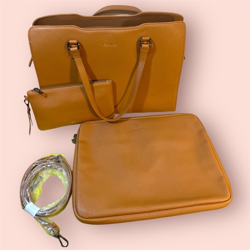 Keyli Sets Large Brown Laptop Tote Bag PU Leather Briefcase Work Bag One Size